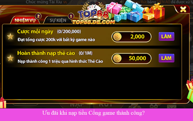 ưu đãi khi nạp tiền cổng game thành công